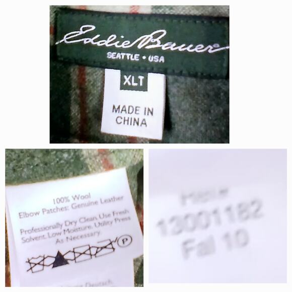 Eddie Bauer SZ XL Tall 100% Wool Plaid Work Shirt Genuine Leather Elbow Patches - Picture 6 of 7